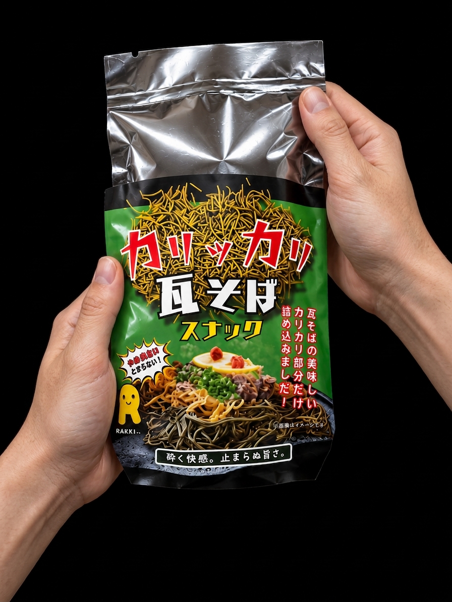 アルミ袋を両手でやさしく包むカリッカリ瓦そば