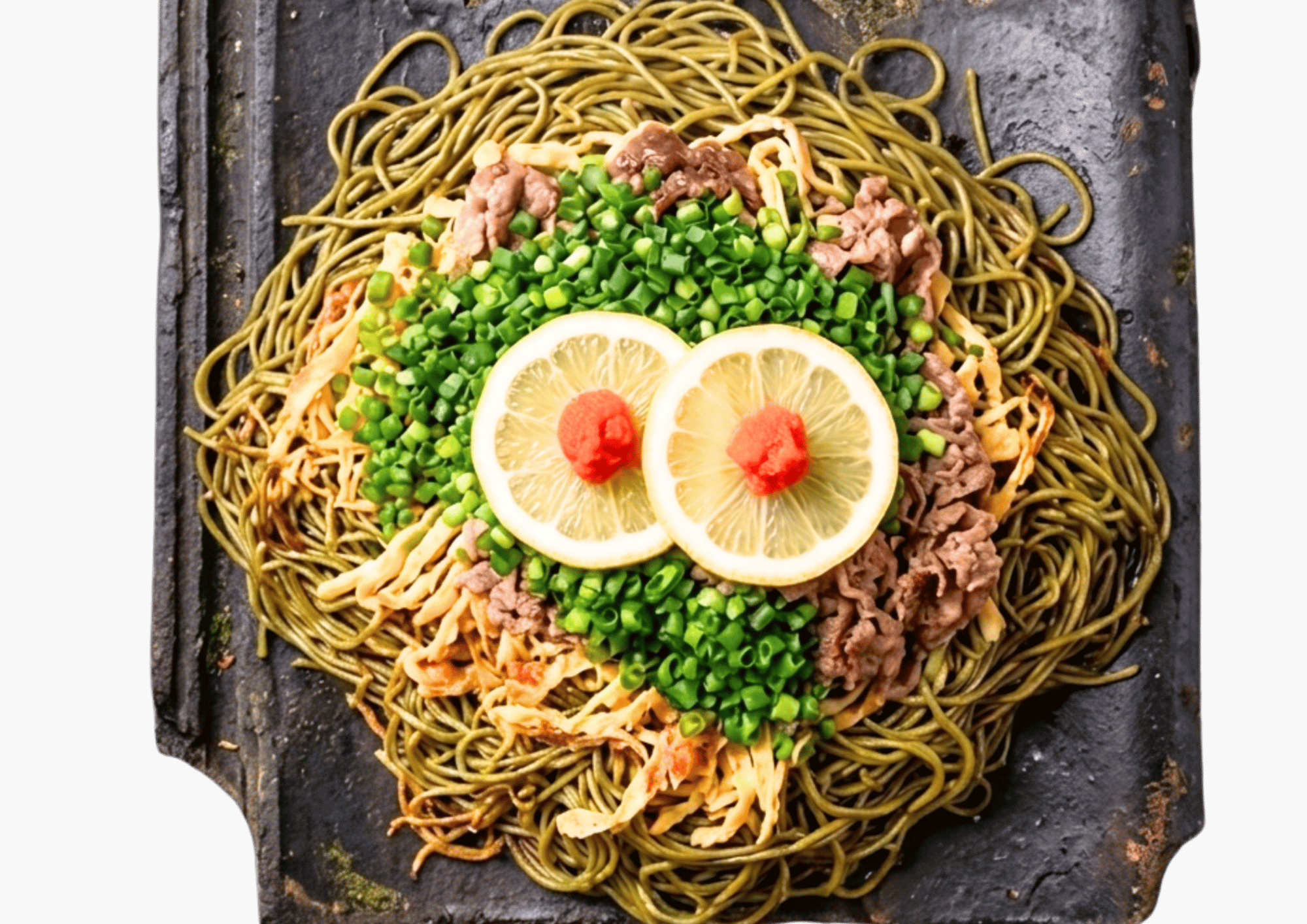 瓦の上に茶そば、牛肉、錦糸卵、ねぎ、レモン、もみじおろしを盛り付けた瓦そば
